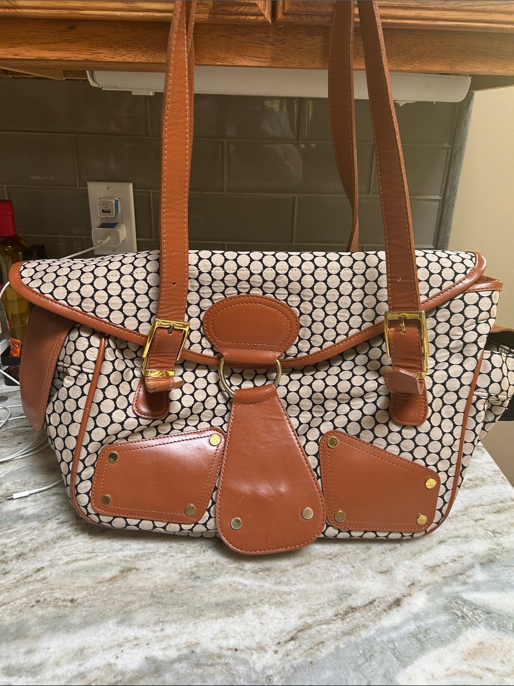 MIA BOSSI DIAPER TRAVEL TOTE BAG ORANGE LEATHER TRIM Washable Lining Change Pad